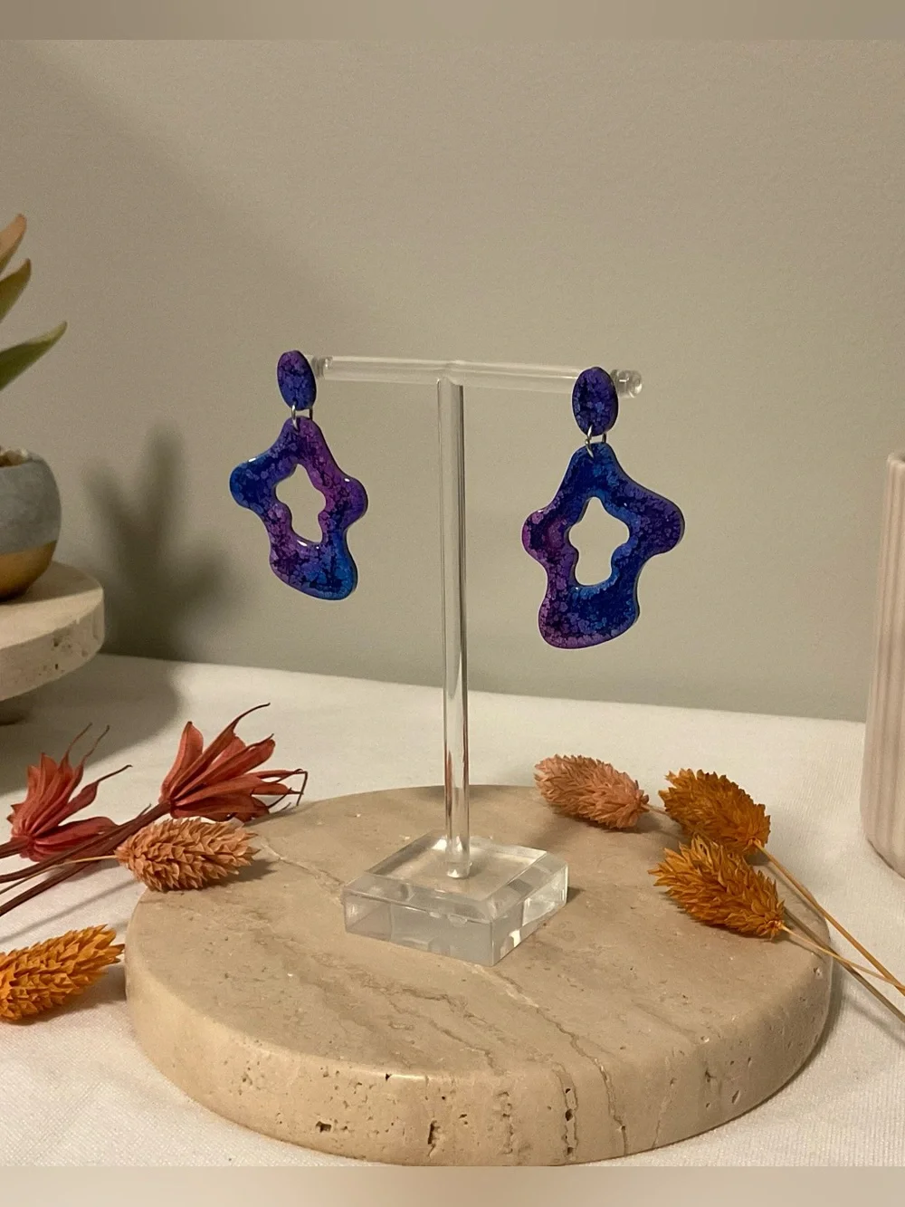 Handmade Blue Purple Resin Statement Earrings